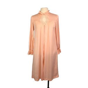 Womens Vintage Peach Midi Zip Front Robe, Keyhole Lace Ruffle Neck,‎ 38 Bust